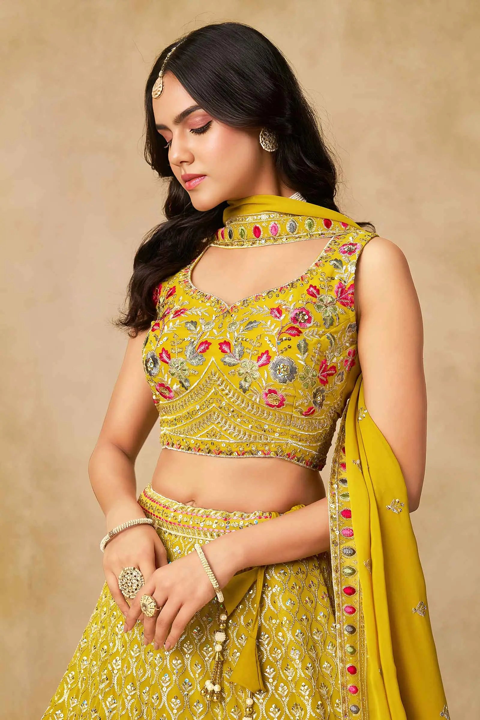 Yellow Lehenga With Sequins Embroidery Work