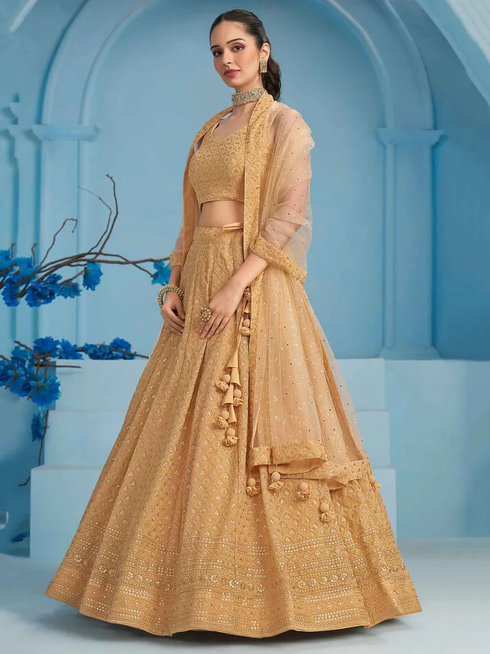 Beige Party Wear Lehenga with Sequins & Embroidery