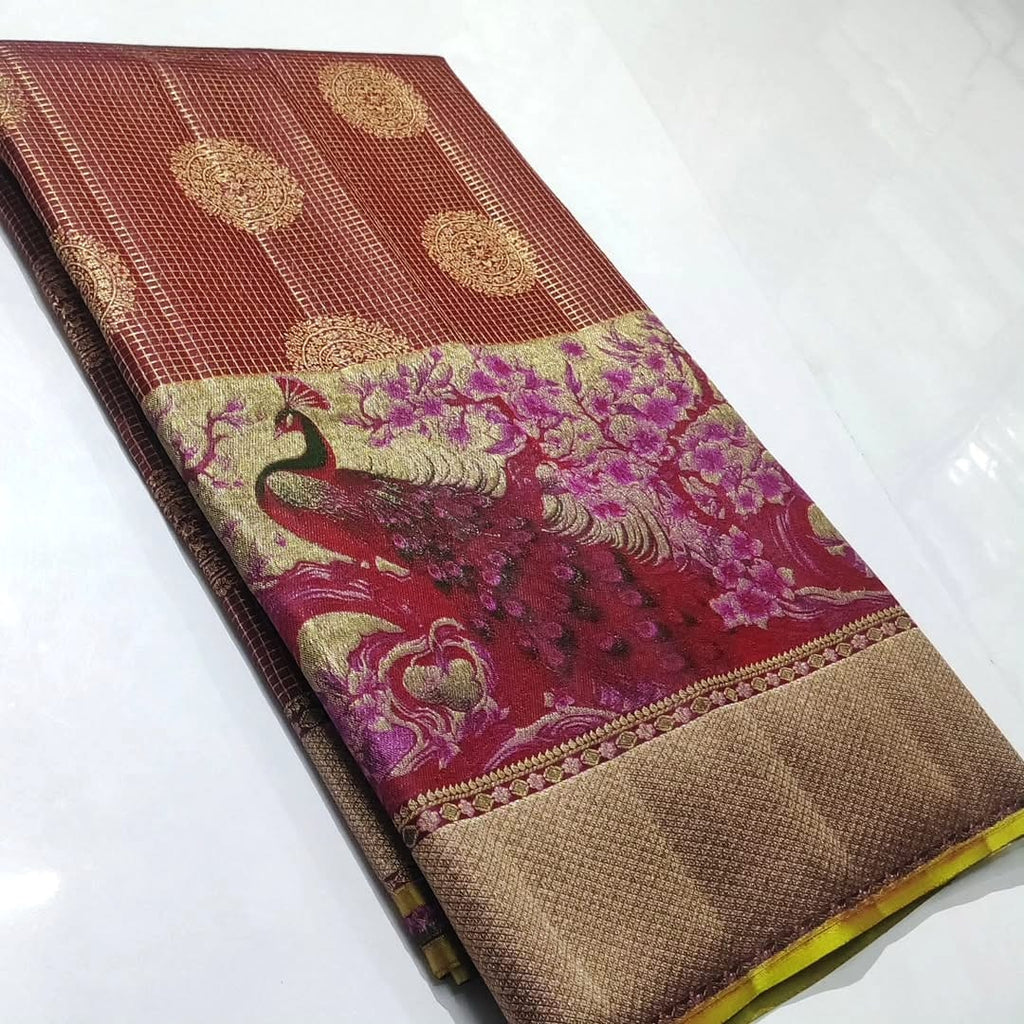 Maroon Kanchipuram Handloom Tissue Resham Warp Meenakari Saree