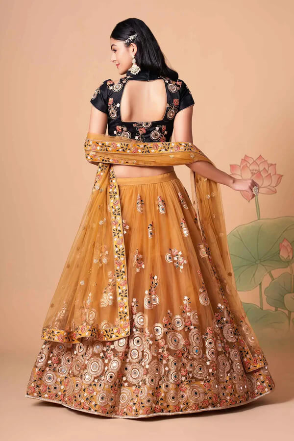Golden Net Lehenga with Zari, Sequins & Mirror Work
