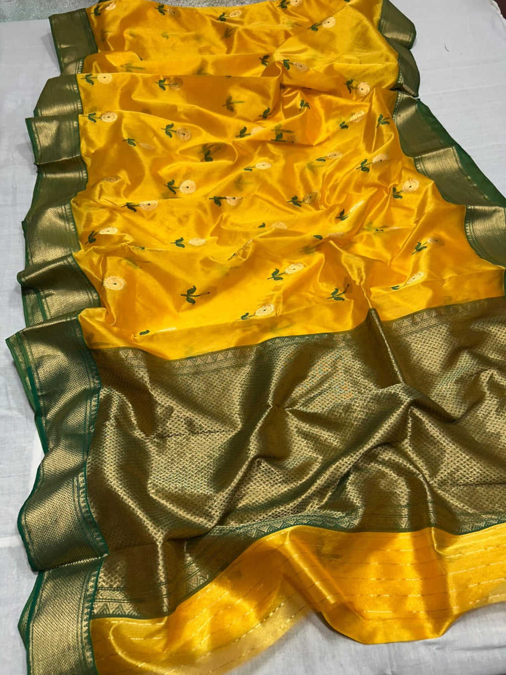Turmeric Chanderi Handloom Pattu Silk Meenakari Nakshi Saree
