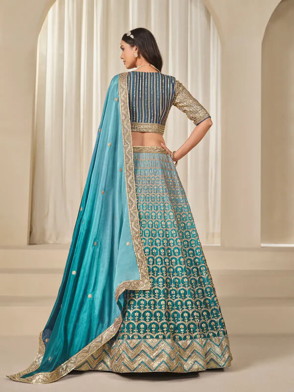 Shaded Blue Chinon Silk Embroidered Lehenga Choli