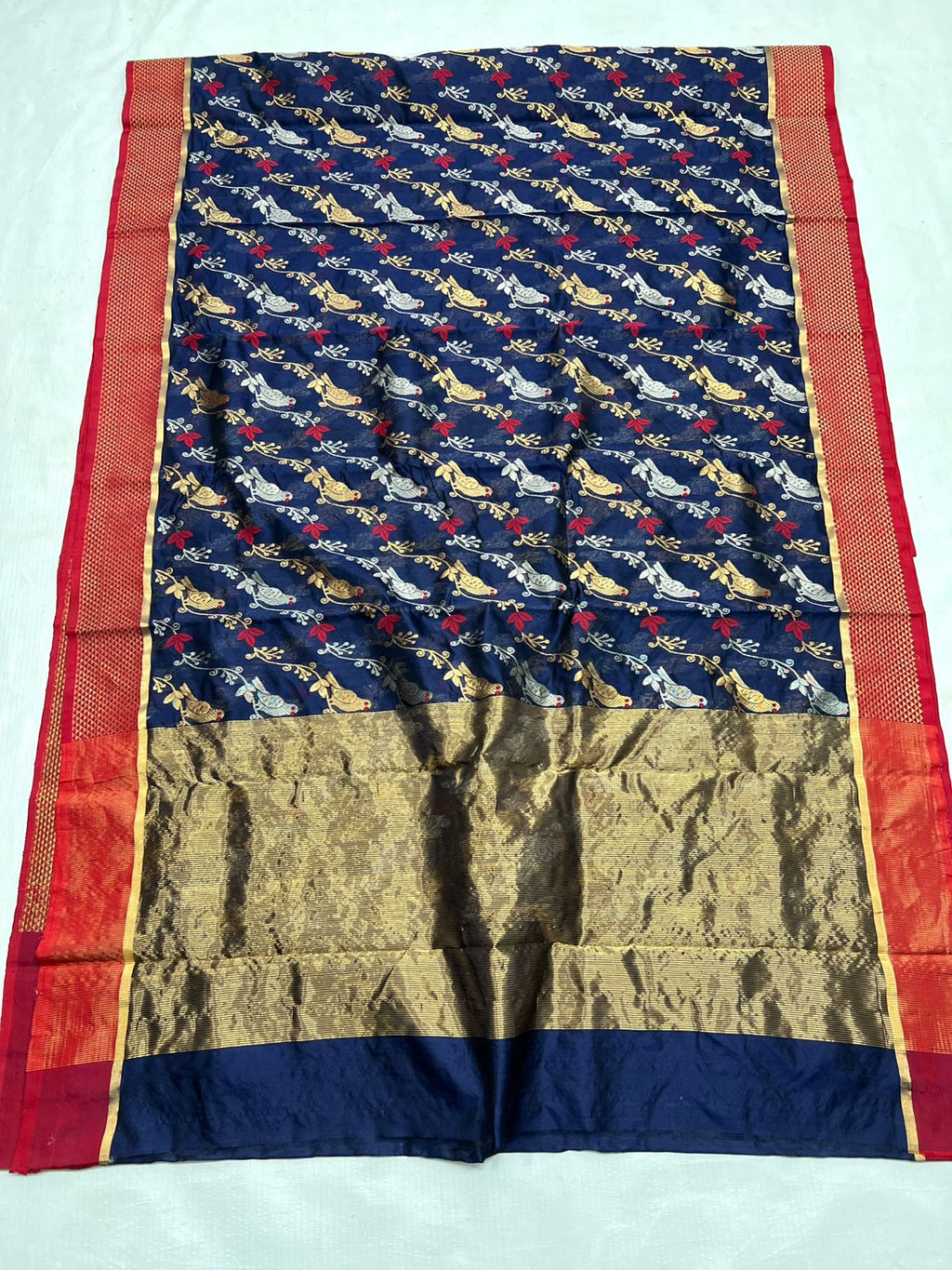 Dark Blue Chanderi Handloom Pattu Silk Meenakari Handwork Saree