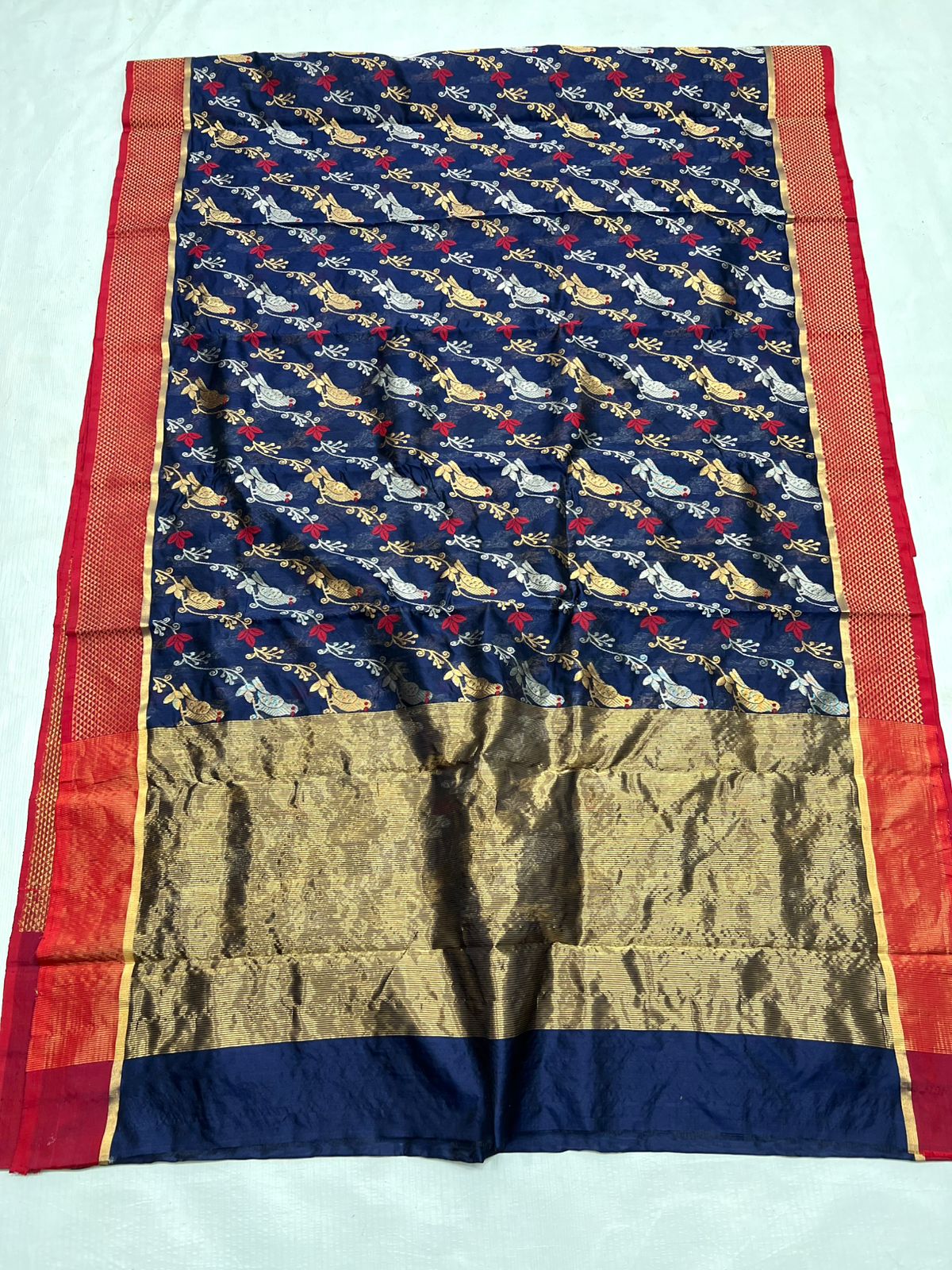 Dark Blue Chanderi Handloom Pattu Silk Meenakari Handwork Saree