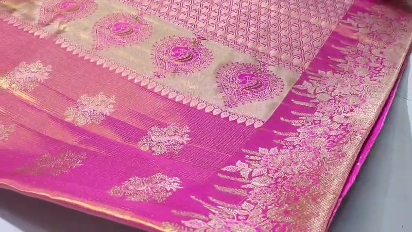 Hot Pink Kanchipuram Handloom Tissue Brocade Bridal Silk Saree