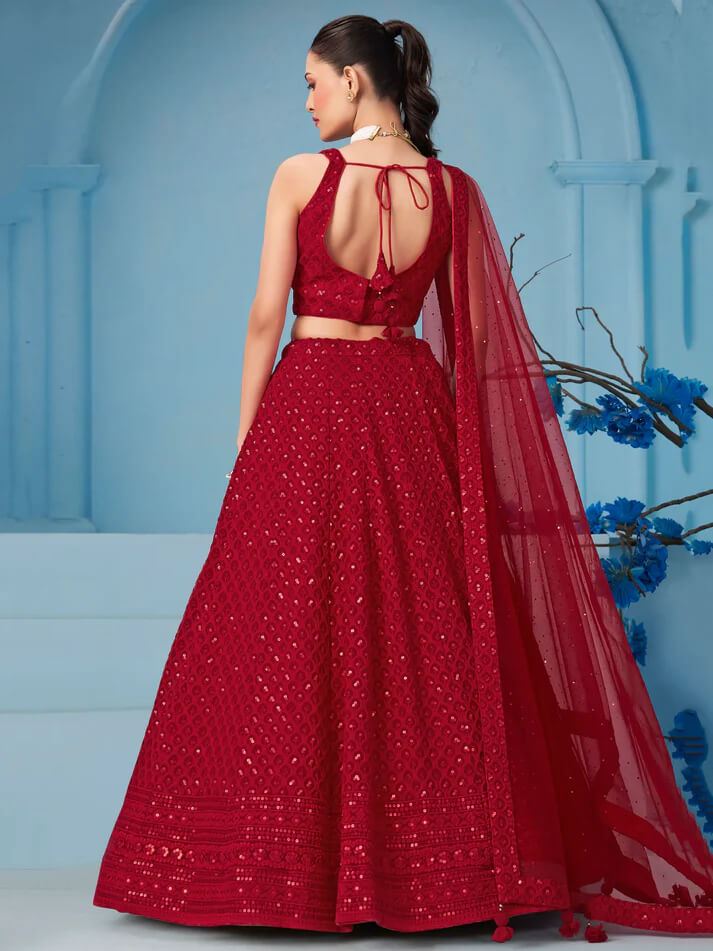 Red Party Wear Lehenga with Sequins & Dupatta
