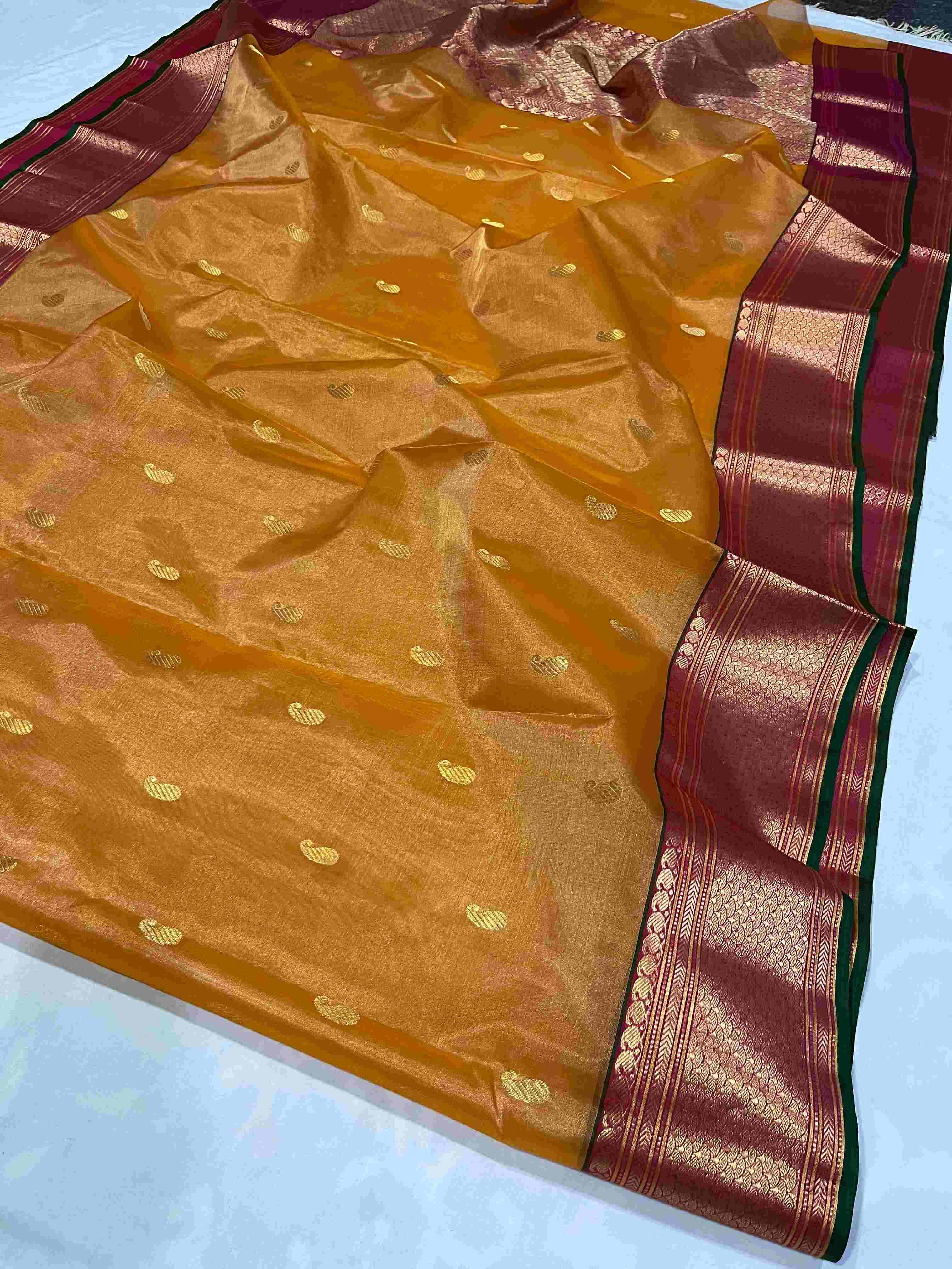 Dual Tone Mustard Chanderi Håndvævet Katan Tissue Silke Saree