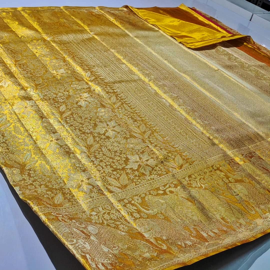 Gold Kanchipuram Handloom Tissue Brocade Silk Saree