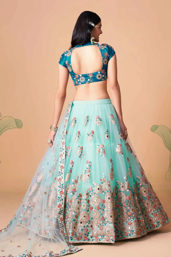 Sky Blue Net Lehenga with Zari, Sequins & Mirror Work