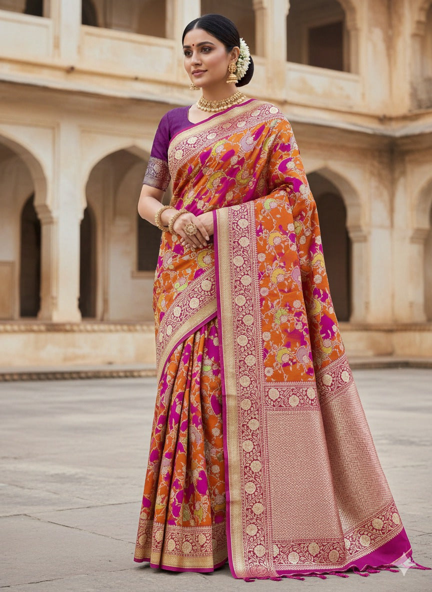 A vibrant hot pink Banarasi Katan silk saree featuring hand-woven Rangkaat diagonal color blocks and intricate Meenakari floral vines in shimmering gold zari.