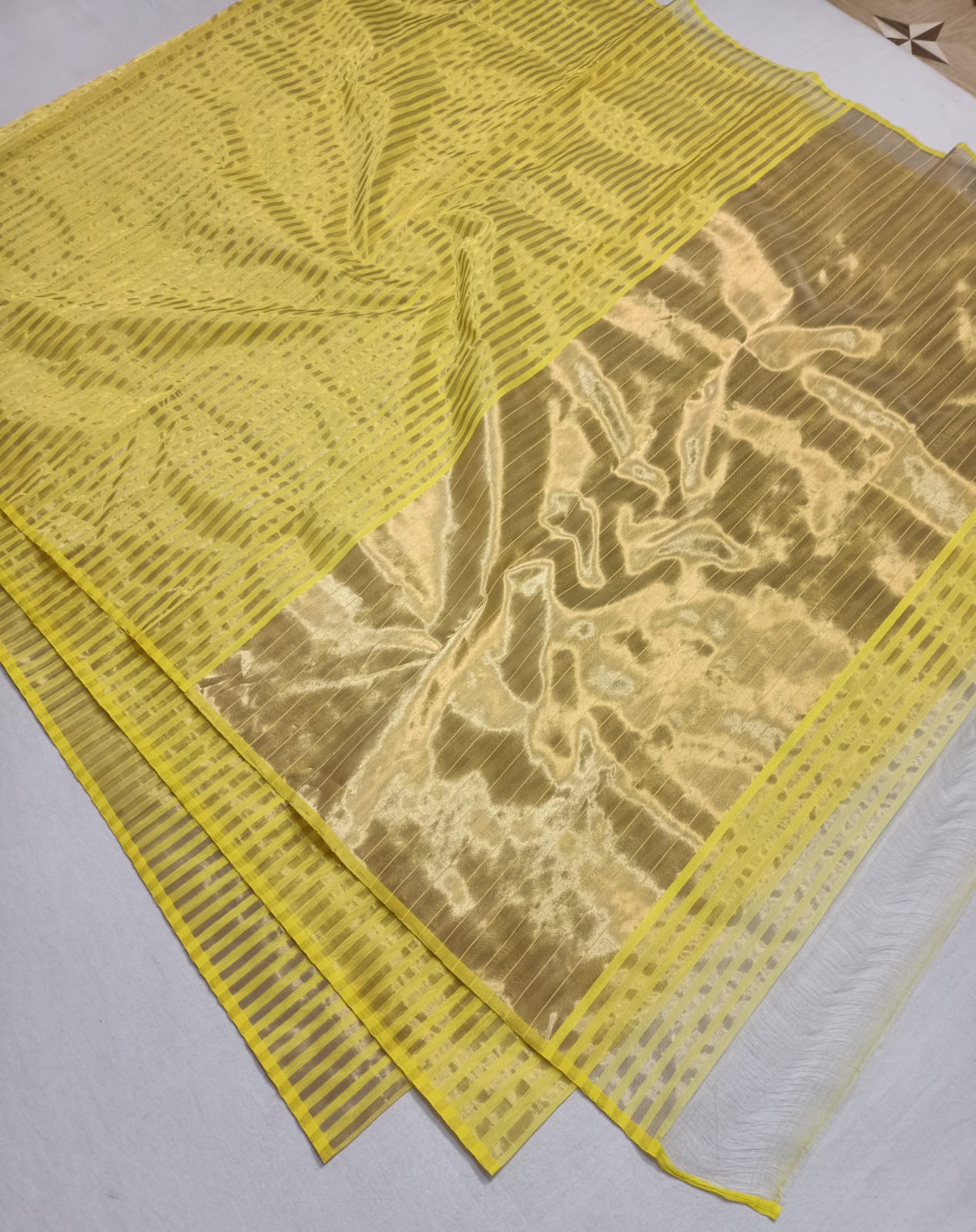 Golden Yellow Chanderi Handloom Cotton Silk Striped Saree