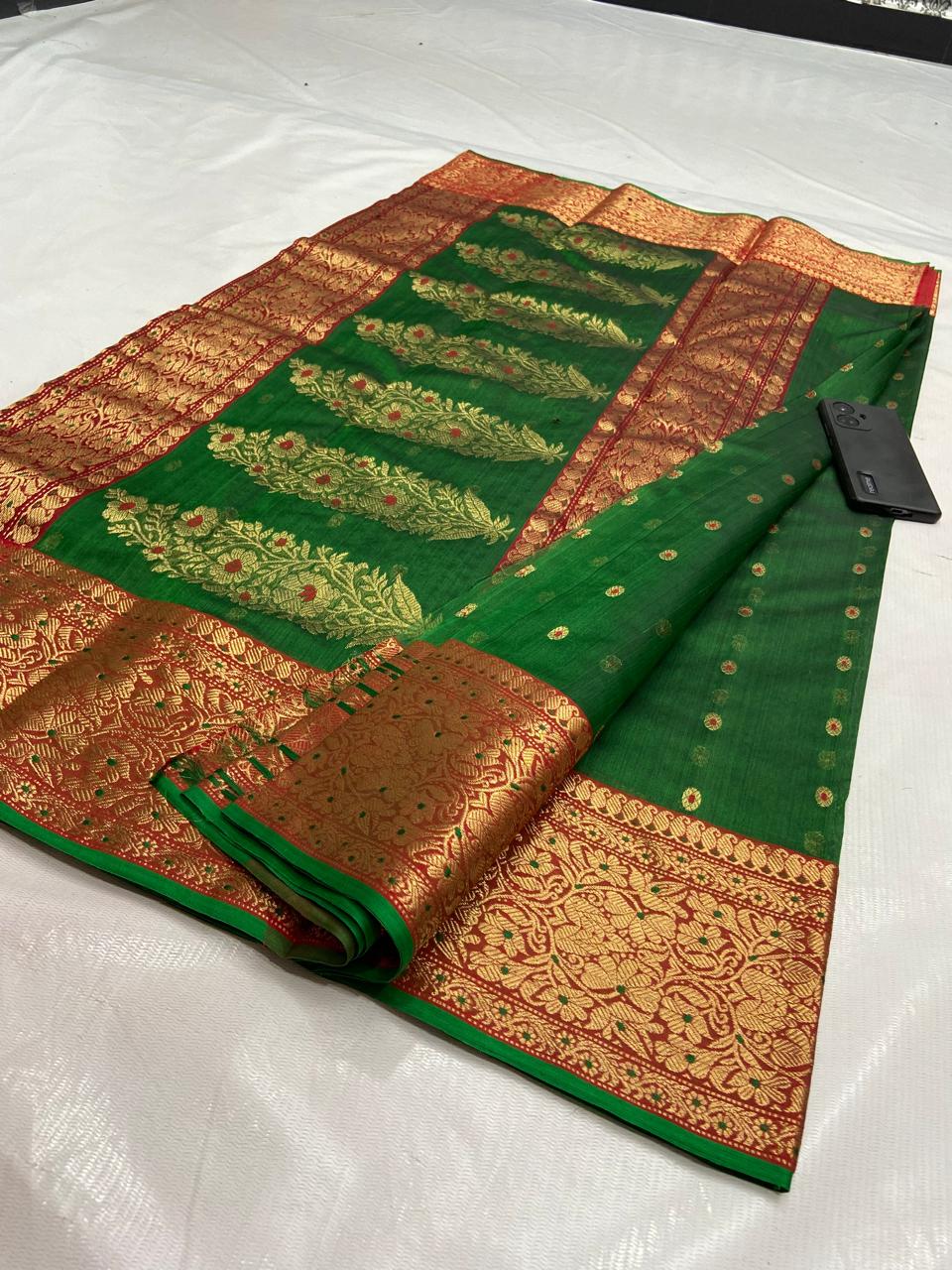Dark Green Chanderi Handloom Katan Silk Nakshi Saree