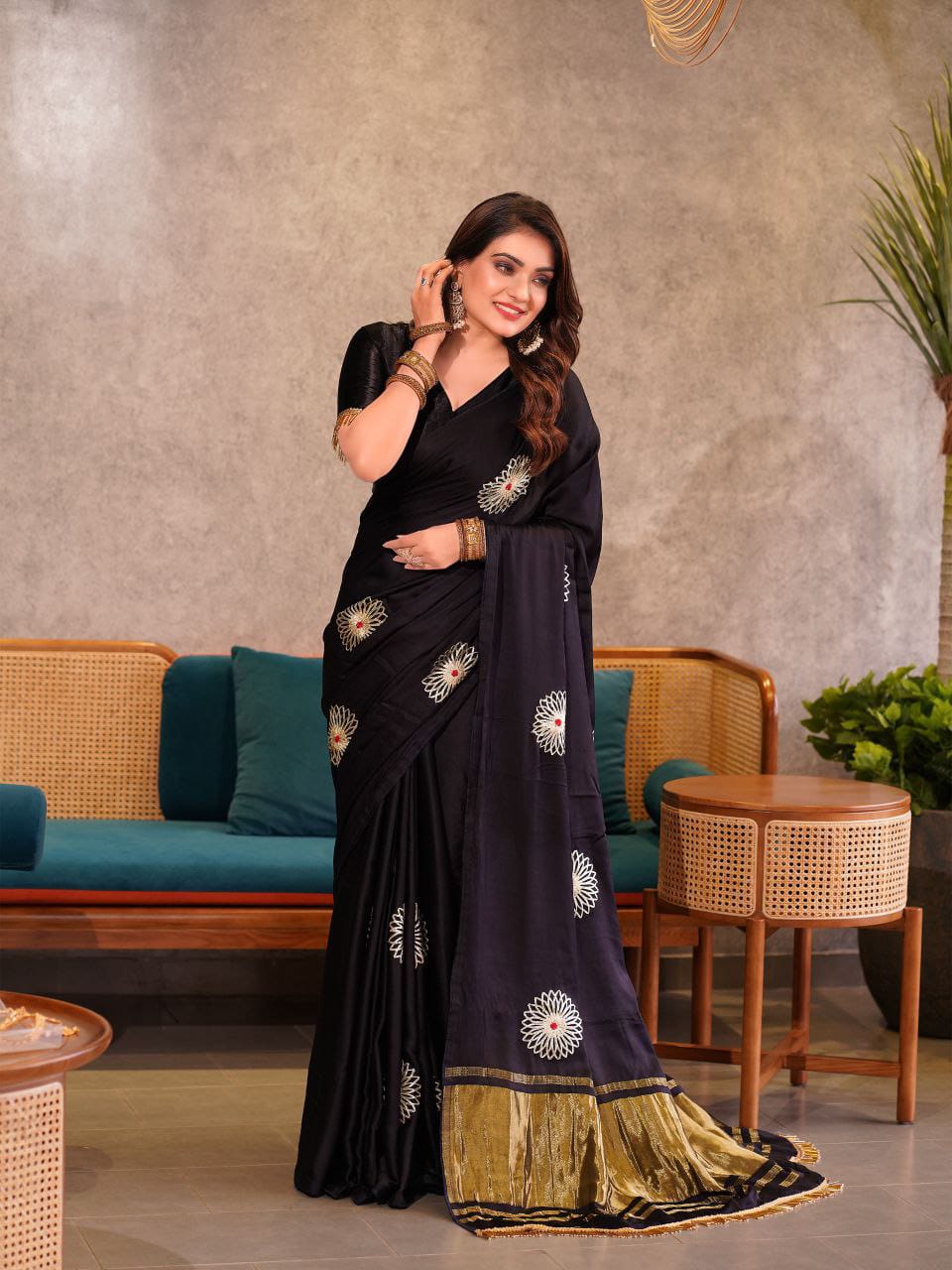 Dark Brown Hand Embroidered Jaipuri Gajji Silk Saree