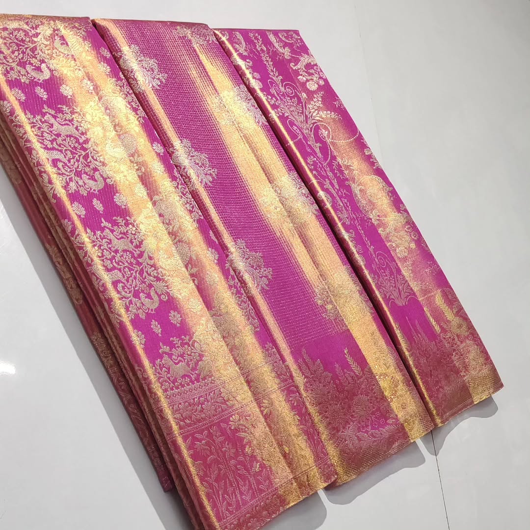 Hot Pink Kanchipuram Handloom Tissue Brocade Bridal Silk Saree