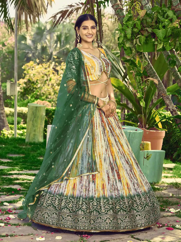 Designer Green Lehenga with Sequins, Zari & Digital Print