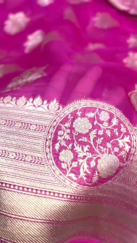 Hot Pink Banarasi Handloom Kora Organza Silk Saree