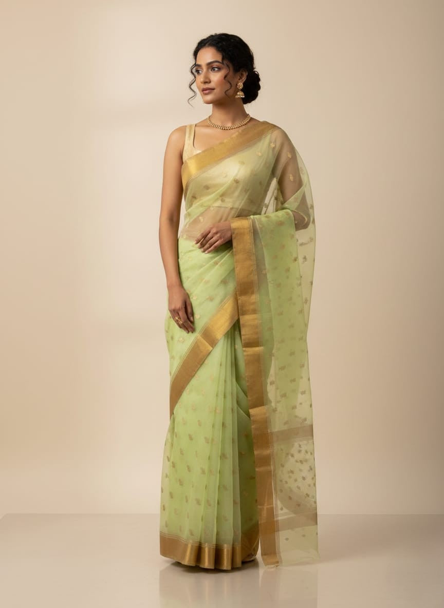 Pista Green Chanderi Handloom Katan Silk Saree