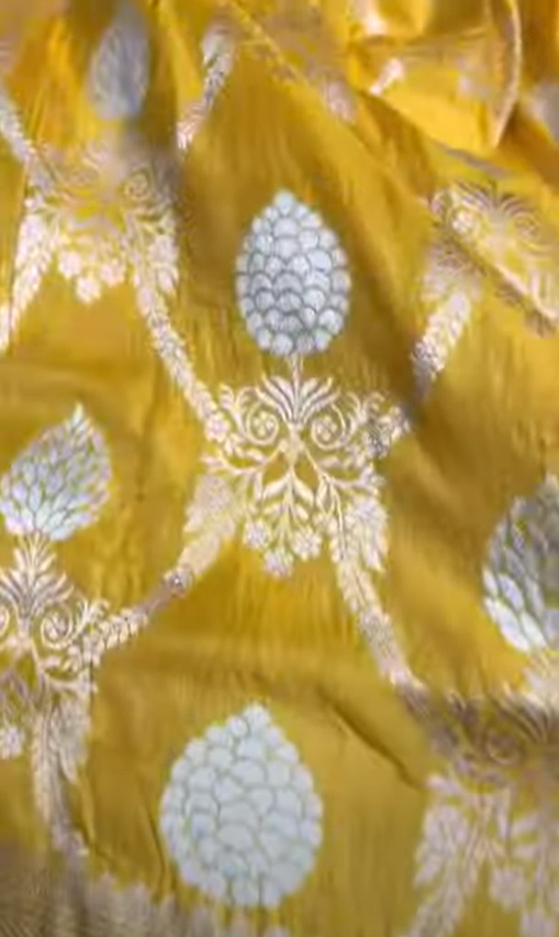 A radiant dual-tone golden yellow Banarasi Katan silk saree with hand-woven Sona Rupa gold and silver zari floral motifs and a rich border.