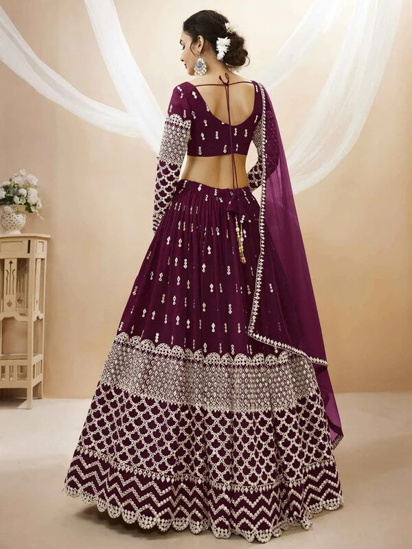 Wine Sequins & Zari Embroidered Georgette Lehenga