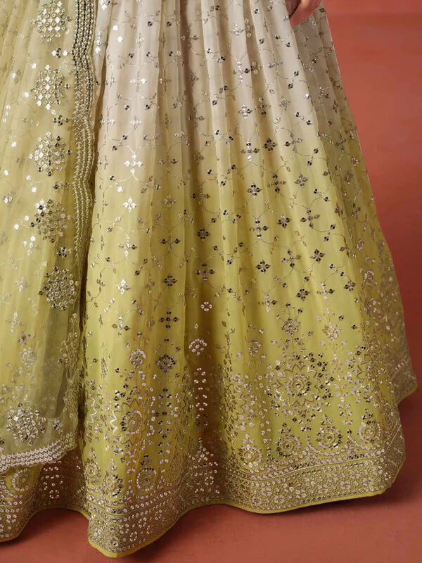 Yellow-Beige Gradient Georgette Lehenga with Zari & Sequins