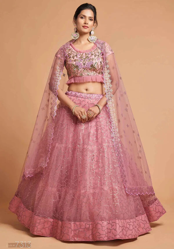 Blush Pink Soft Net Lehenga with Zari & Thread Work