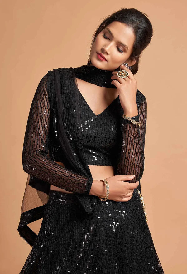Black Soft Net Lehenga with Thread & Sequins Work