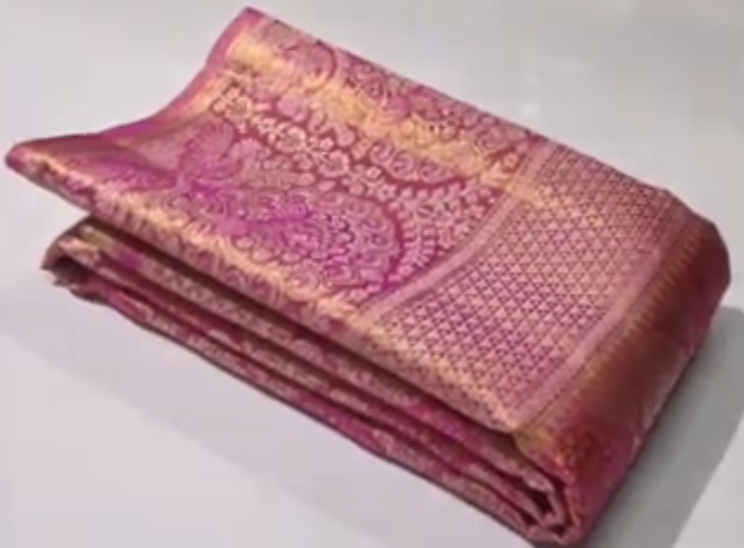 Hot Pink Kanchipuram Handloom Tissue Brocade Silk Saree