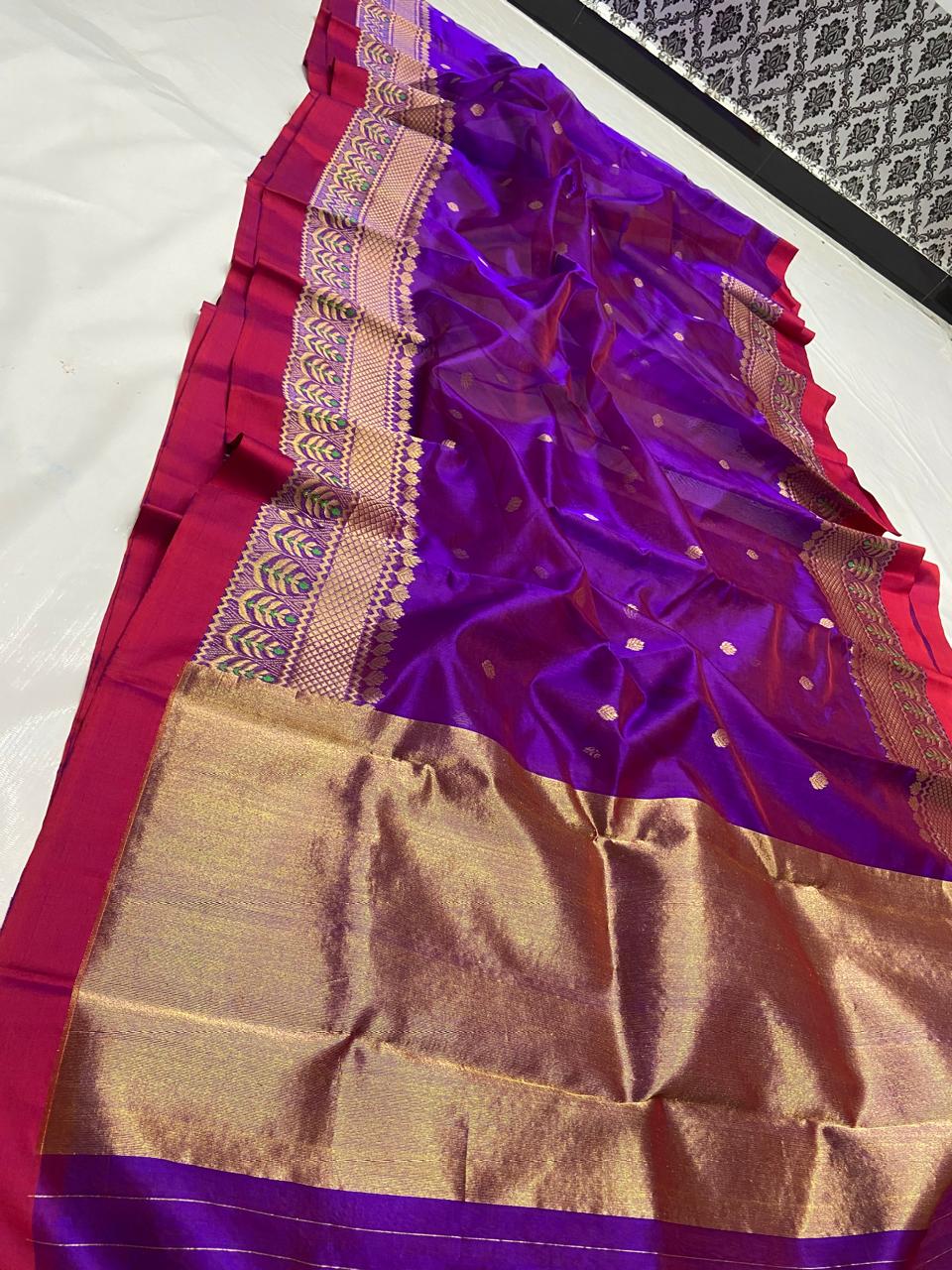 Dual Tone Purple Chanderi Handloom Pattu Silk Meenakari Handwork Saree