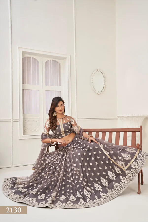 Space Grey Net Lehenga Choli with Cotton Thread & Sequins Work