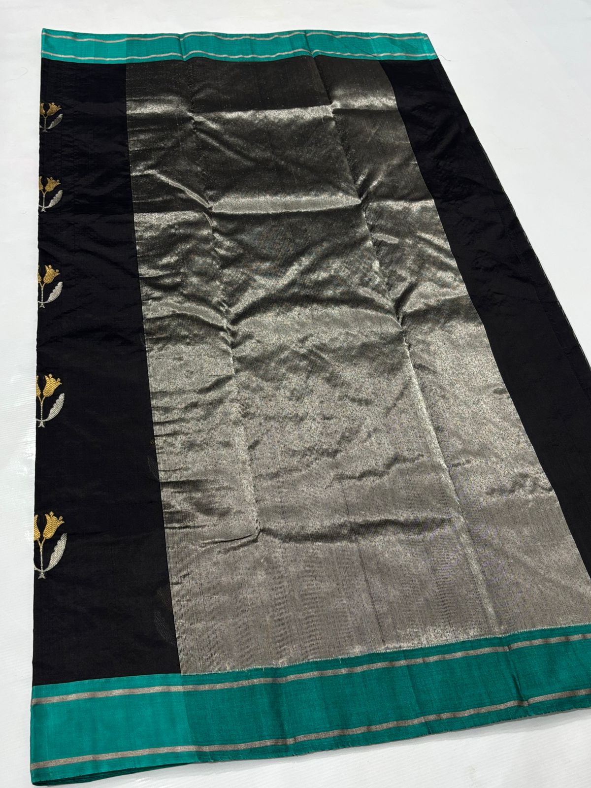 Black Chanderi Handloom Pattu Silk Meenakari Saree