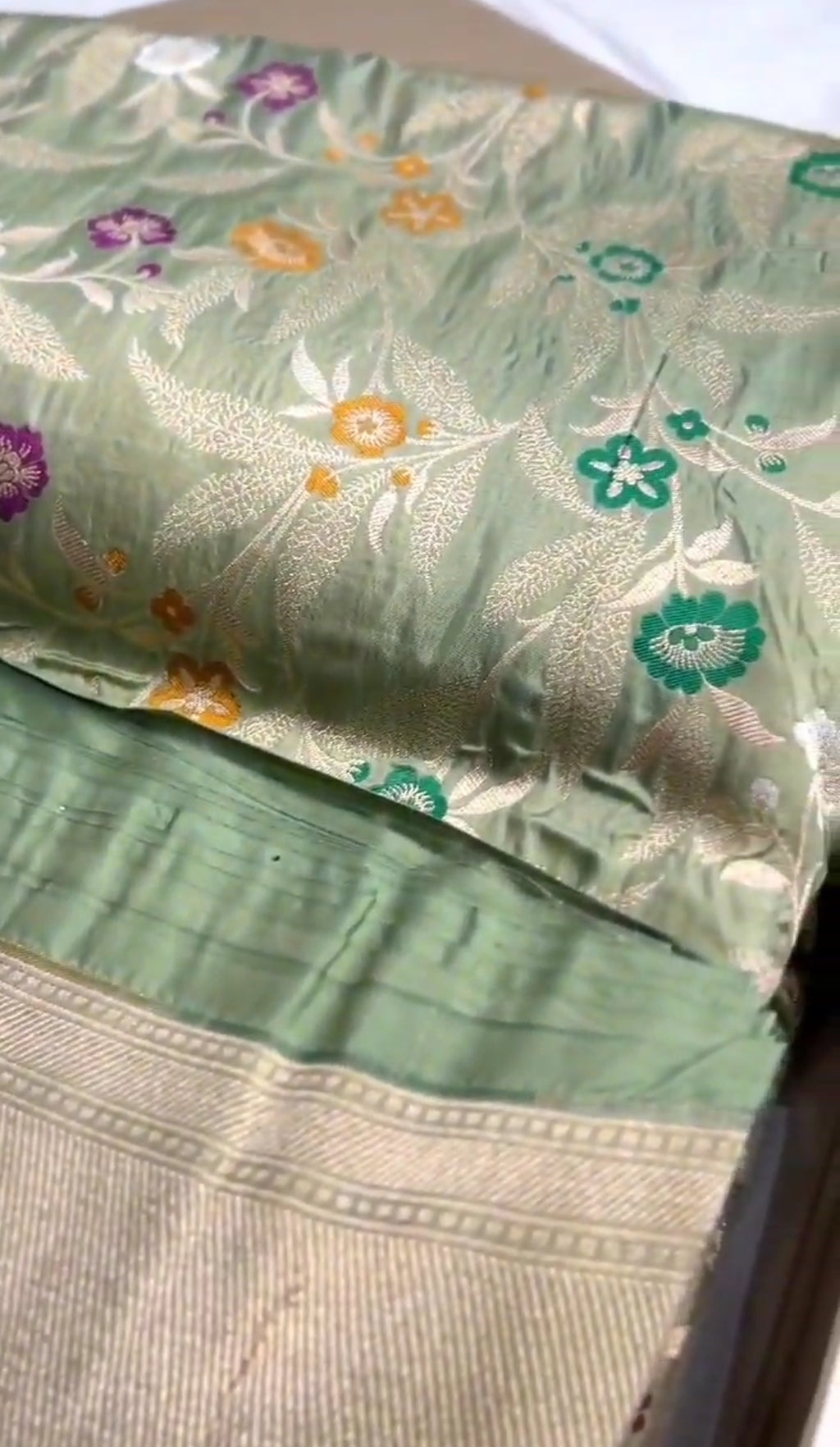 Pista Green Banarasi Handloom Katan Silk Meenakari Saree