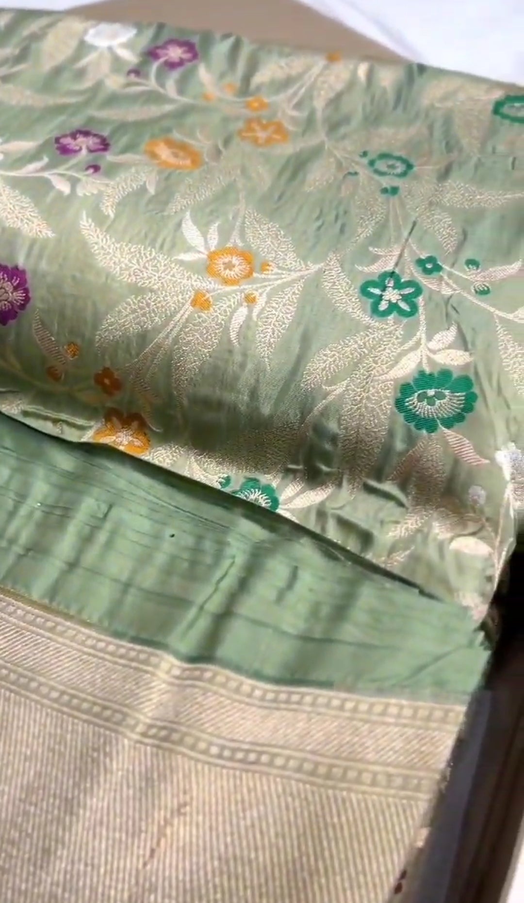 Pista Green Banarasi Handloom Katan Silk Meenakari Saree