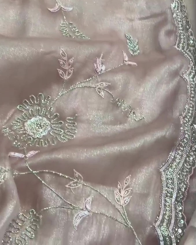 Beige Hand Embroidered Tissue Organza Silk Saree