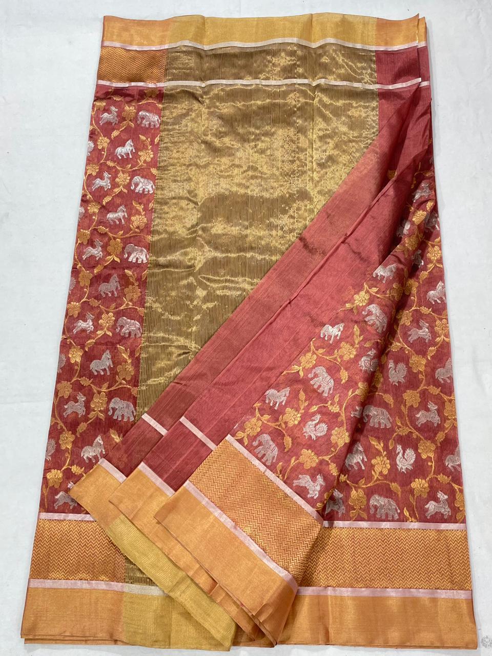 Copper Chanderi Handloom Pattu Silk Shikargah Handwork Saree