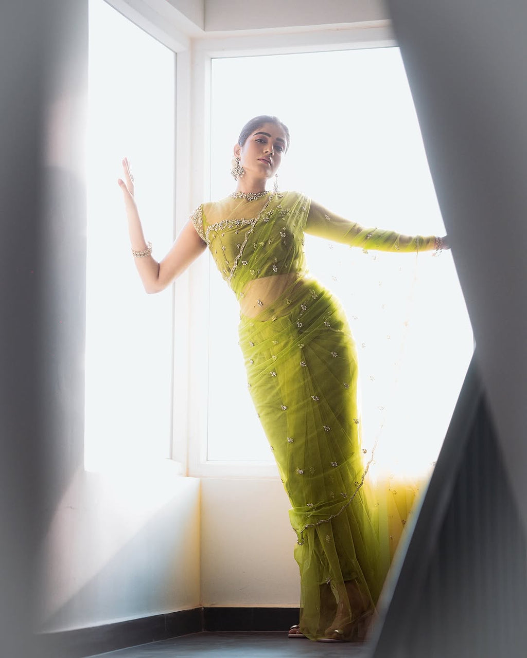 Lime Green Hand Embroidered Soft Net Saree