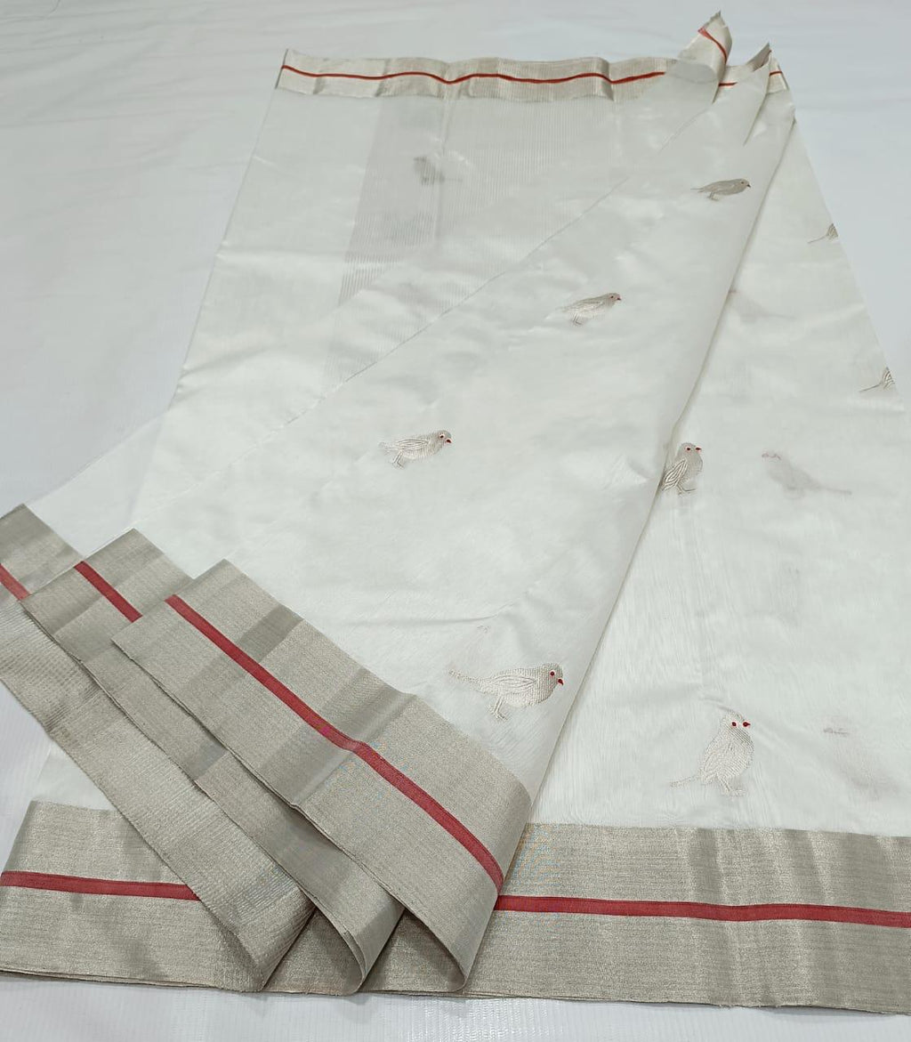 Pearl White Chanderi Handloom Pattu Silk Eknal Buttas Saree