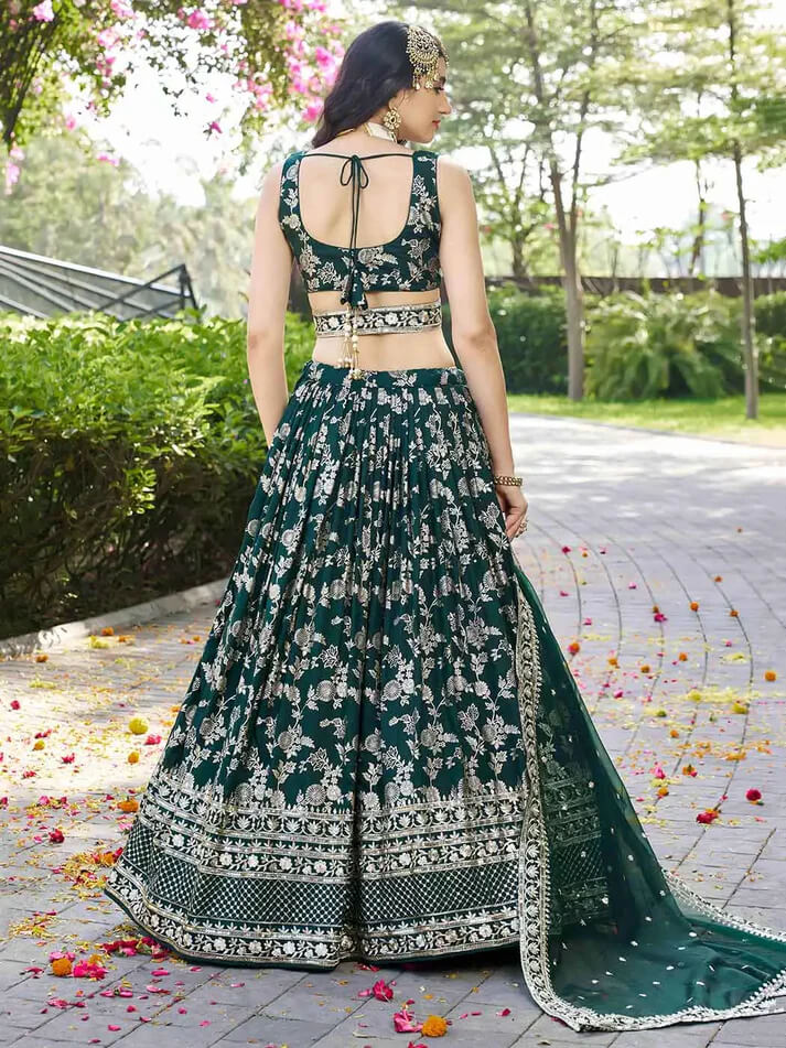 Green Jacquard Lehenga with Zari & Sequins Work