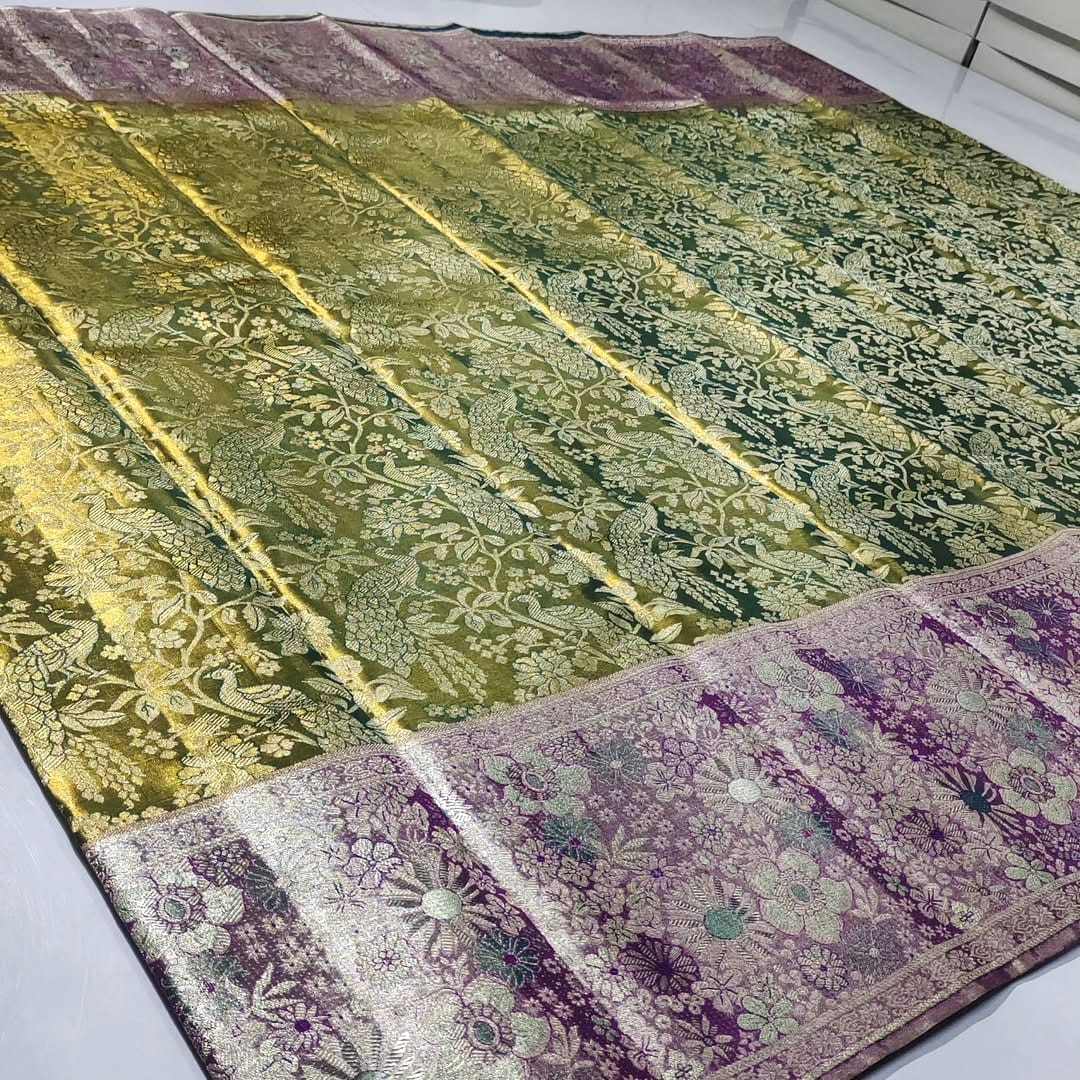 Mehandi Green Kanchipuram handloom Tissue Brocade Meenakari Silk Saree