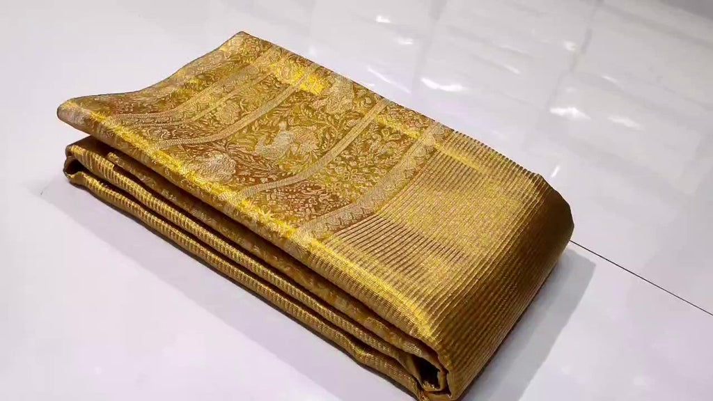 Guld Kanchipuram Håndvævet Brokade Silke Brudesari