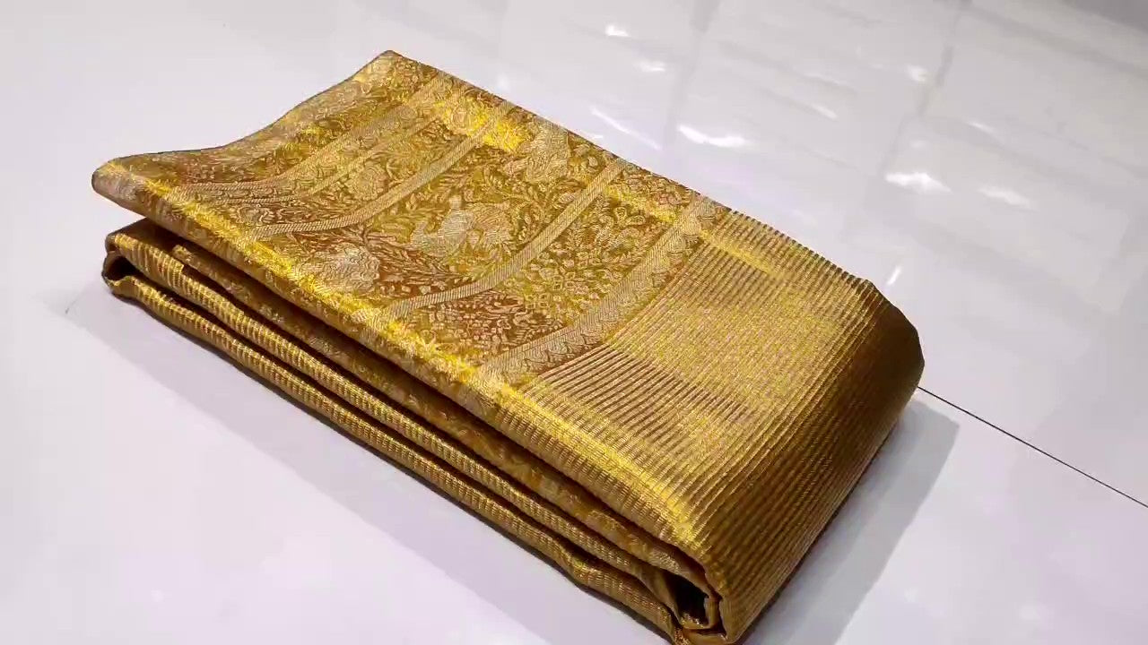 Guld Kanchipuram Håndvævet Brokade Silke Brudesari