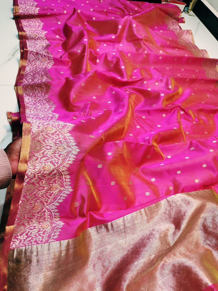 Hot Pink Chanderi Handloom Pattu Silk Meenakari Handwork Saree