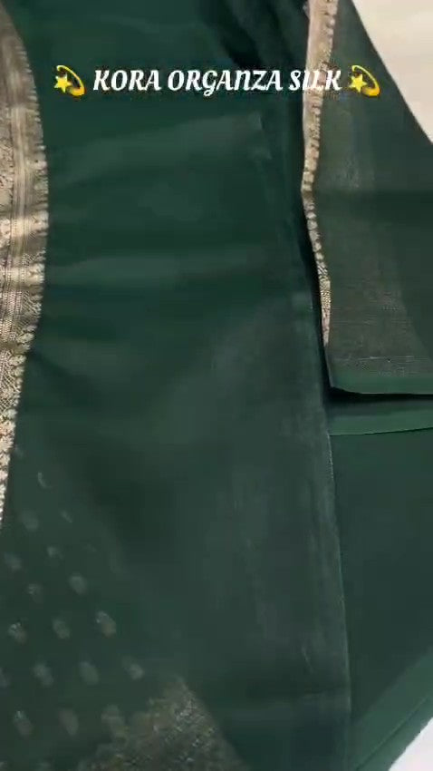 Dark Green Banarasi Handloom Kora Organza Silk Saree