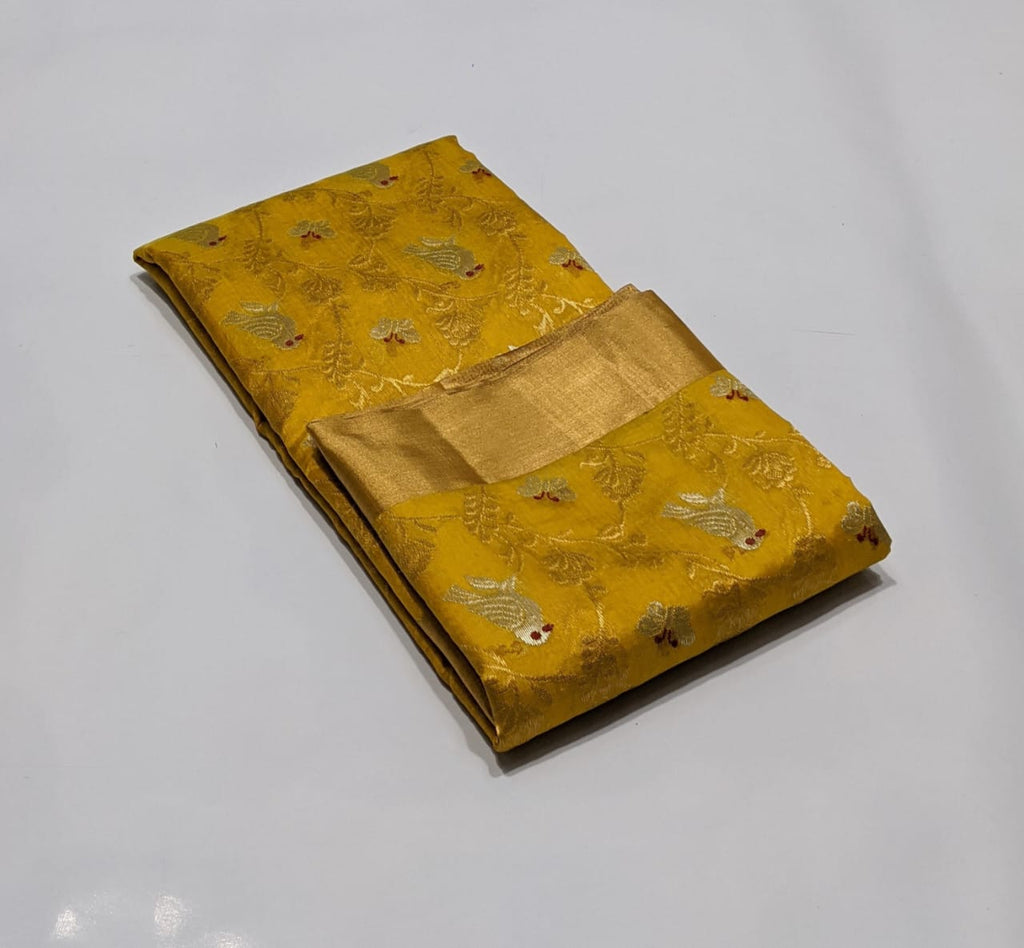 Mustard Yellow Chanderi Handloom Pattu Silk Meenakari Saree