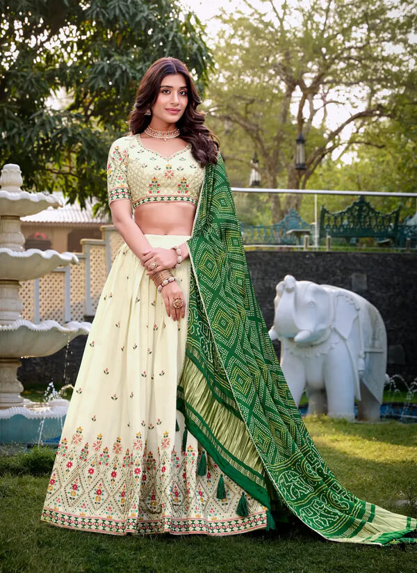 Festive Khadi Cotton Lehenga Choli in Off White with Green Dupatta