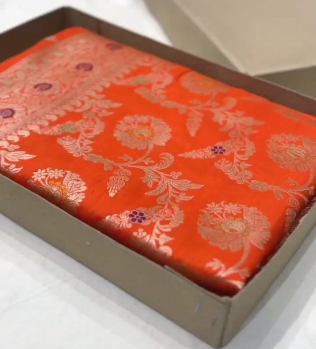 Dual Tone Orange Banarasi Handloom Katan Silk Meenakari Saree