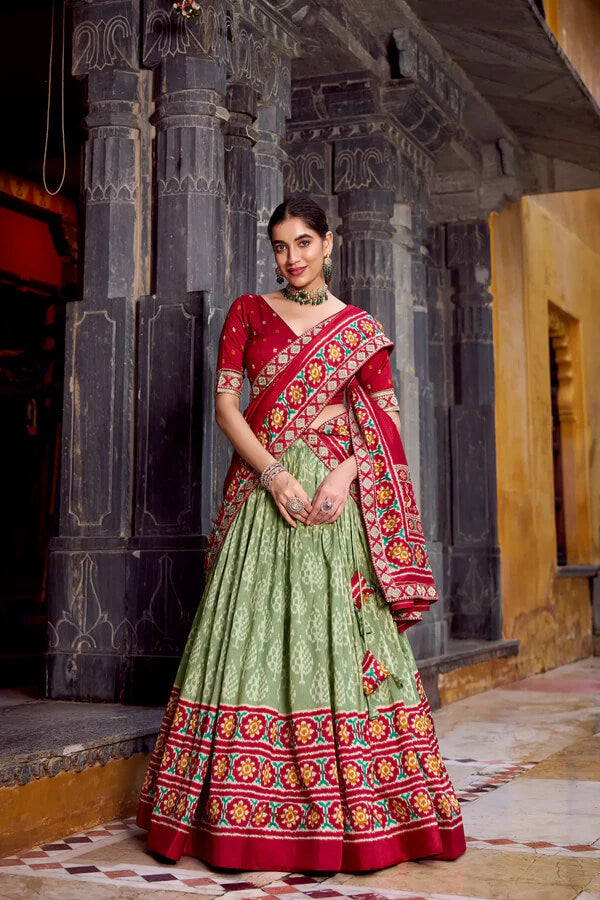 Classic Sea Green Tussar Silk Lehenga with Ikkat Detailing