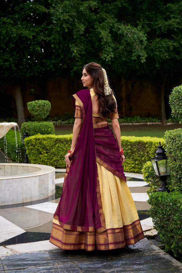 Classic Beige & Wine Zari Woven Silk Lehenga for Weddings