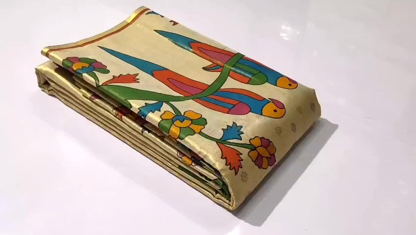 Gold Kanchipuram Handloom Kalamkari Tissue Silk Saree