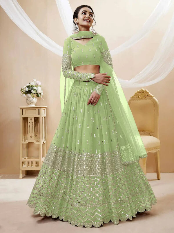 Pista Georgette Lehenga with Sequins Embroidery Work