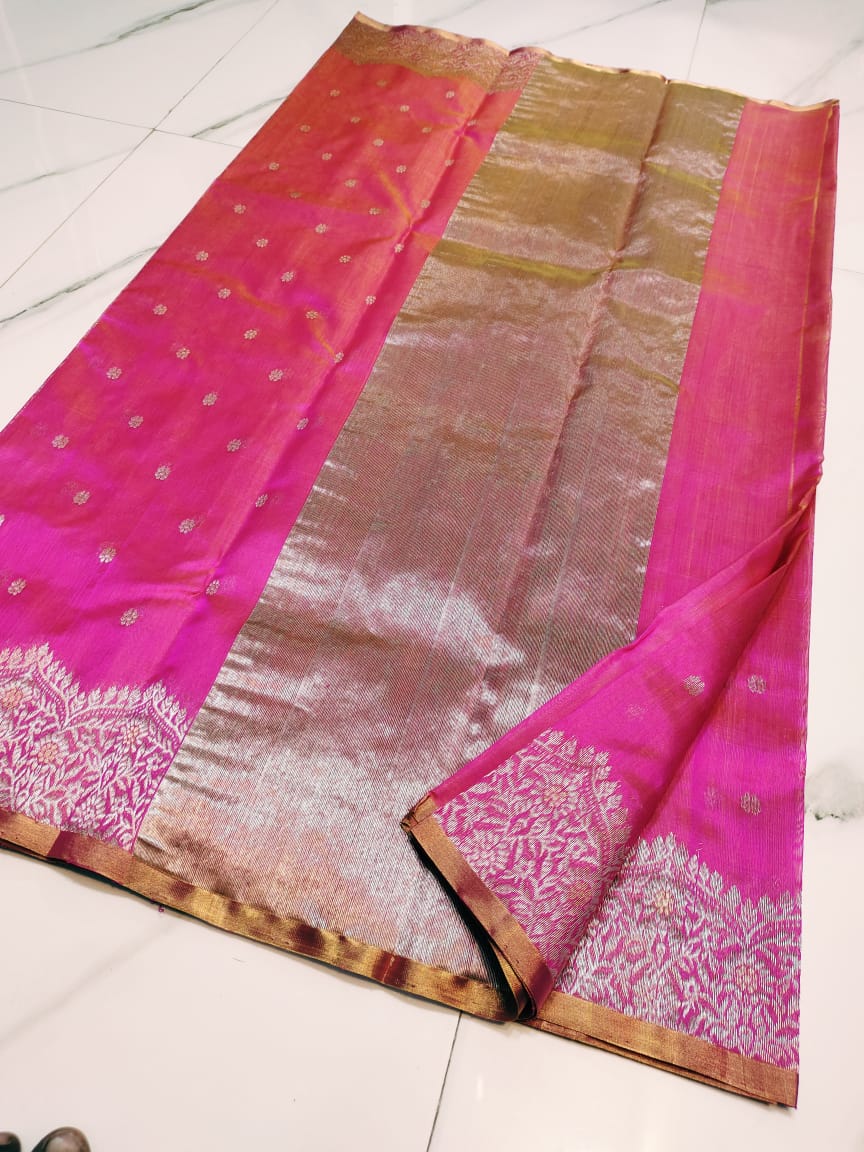 Hot Pink Chanderi Handloom Pattu Silk Meenakari Handwork Saree